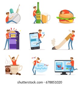 Bad habits set, alcoholism, drug addiction, smoking, gambling addiction, smartphone, shopping, coffeemania, gluttony with obesity vector Illustrations