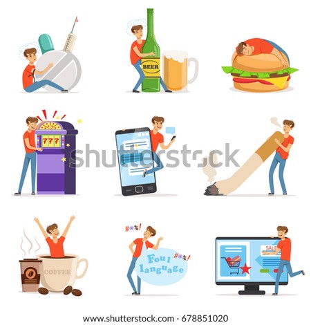 Bad habits set, alcoholism, drug addiction, smoking, gambling addiction, smartphone, shopping, coffeemania, gluttony with obesity vector Illustrations