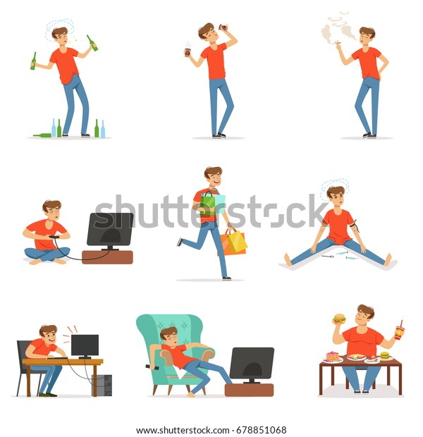 Bad habits set, alcoholism, drug addiction,\
smoking, dependence of computer and video games, shopping, gluttony\
with obesity vector\
Illustrations