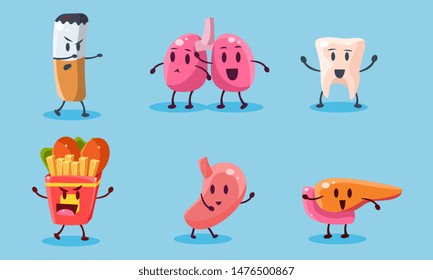 Bad Habits Set, Destruction of Human Organs, Harmful Dependance of Cigarettes and Fast Food Vector Illustration