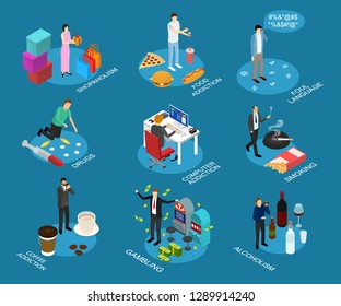 Bad Habits Sign 3d Icon Set Isometric View Include Of Drug, Food Addiction, Alcohol And Shopping. Vector Illustration Of Icons