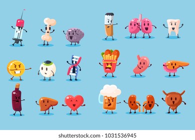 Bad Habits And Unhealthy Human Organs Characters Sett, Funny Educational Vector Illustrations On A Light Blue Background