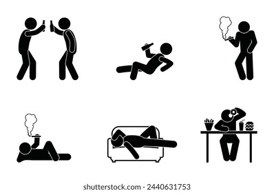 bad habits, unhealthy lifestyle, smoking and alcohol icon, abuse illustration, stick figure man overeating and sedentary