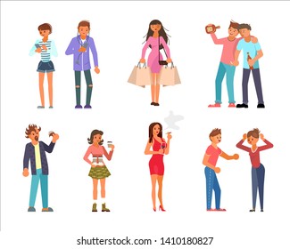 Bad habits Vector set - Swearing and Trichotillomania, Smoking Cigarettes, Drinking Coffee or Tea, Hair picking and Eating Fast Food, Alcohol, Emotional Shopping, Hair Picking, Interrupting Someone 