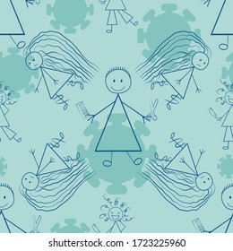 Bad hair cut Covid 19 quarantine vector seamless pattern. Humorous backdrop of naive scribble drawings of girls with messy styles and coronavirus motif. All over print for isolation self care concept.