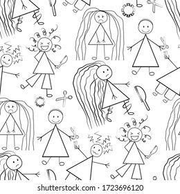 Bad hair cut Covid 19 quarantine vector seamless pattern. Funny infographic backdrop of scribbled sketch with girl, women styles and coronavirus motif. All over print for isolation self care concept.