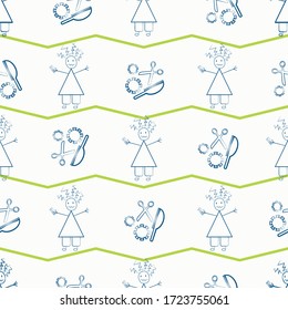 Bad hair cut Covid 19 quarantine vector seamless pattern. Funny infographic chevron backdrop sketch with stick people girl, women and coronavirus motif. All over print for isolation self care concept.