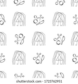 Bad hair cut Covid 19 quarantine vector seamless pattern. Funny infographic backdrop sketch with stick people , girls, scissors and coronavirus motif. All over print for isolation self care concept.