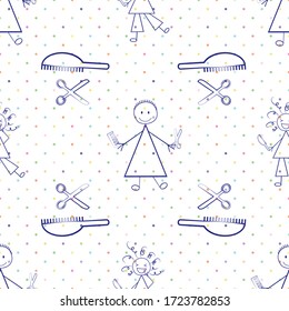Bad hair cut Covid 19 quarantine vector seamless pattern. Funny infographic polka dot backdrop sketched women, scissors, brush, coronavirus motif. All over print for isolation self care concept.