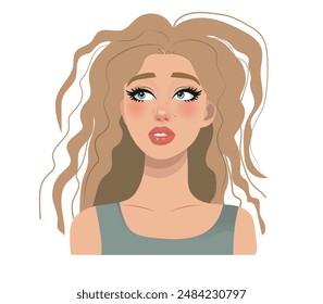 Bad hair day, Need a hairdresser. A beautiful woman looking at her damaged hair. vector illustration.