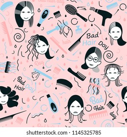 Bad hair day seamless pattern. Decorative addon with woman faces in light pink, white and blue colors. Editable vector illustration. Beauty, fashion and lifestyle creative concept.