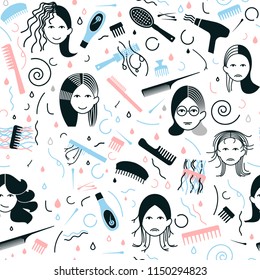 Bad hair day seamless pattern. Decorative addon with woman faces in light pink, white and blue colors. Editable vector illustration. Beauty, fashion and lifestyle creative concept.