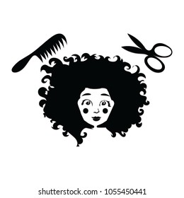 Bad Hair Day. Silhouette Of An Attractive Young Woman With Curly Hair. Ads Or Icon For Barbershop Or Hairdresser Salon. Black And White Illustration Isolated In Vector.