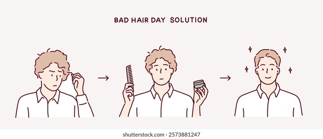 Bad Hair Day Solutions for a Man. Hand drawn style vector design illustrations.