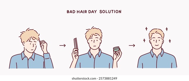 Bad Hair Day Solutions for a Man. Hand drawn style vector design illustrations.