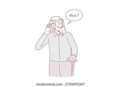 Má audição do conceito de idosos. Velho idoso de pé e tentando ouvir perguntando o que com letras tocando ilustração do vetor de orelha