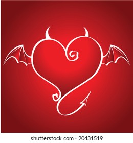 Bad heart with wings and horns flies on a red background