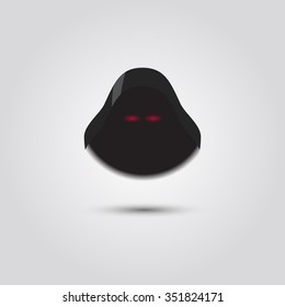 Bad hero helmet with glowing red eyes from the shadows.