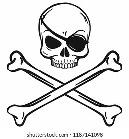 Bad horror skull with eye patch and crossbones. Black and white on pirate flag. Vector black logo template ll vector. Dark t-shirt design. Pirate Symbol