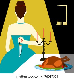 Bad housewife Vector illustration Woman in evening dress with knife behind his back meets guest at the dinner table