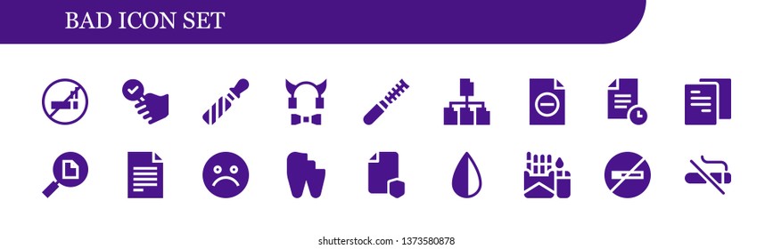 bad icon set. 18 filled bad icons.  Collection Of - No smoking, Satisfied, File, Devil, Unhappy, Broken tooth, Negative, Cigarette