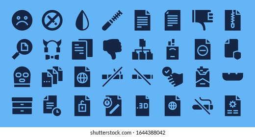 conjunto de iconos incorrecto. 32 íconos malos rellenados. en el estilo de fondo azul Iconos modernos sencillos como: Infeliz, Archivo, Balaclava, Filtrar, No Fumar, Diablo, Negativo, No Me Gusta, No Fuma, Cigarrillos