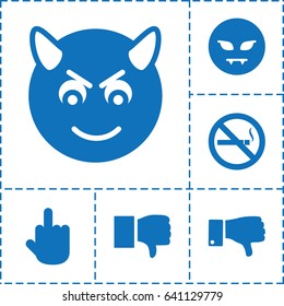 Bad icon. set of 6 bad filled icons such as devil emot, middle finger, no smoking