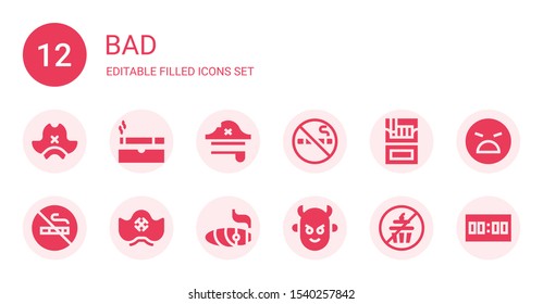 bad icon set. Collection of 12 filled bad icons included Pirate hat, Cigarette, No smoking, Cigar, Devil, No sweets, Angry, Score