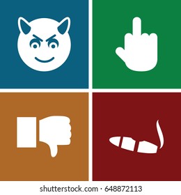 Bad icons set. set of 4 bad filled icons such as cigarette, devil emot, middle finger