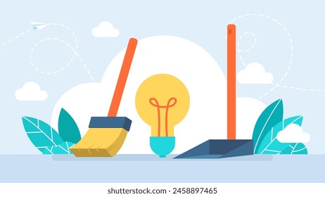 Bad idea, broom, scoop, light bulb. Wasted unworkable ideas, business failure, throw away lightbulb idea into in basket bin. Bad ideas and no inspiration. Fail, office concept. Vector illustration