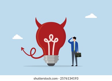 Bad idea cause problem and failure, perplexed entrepreneur staring at evil lightbulb questioning it a poor choice. 