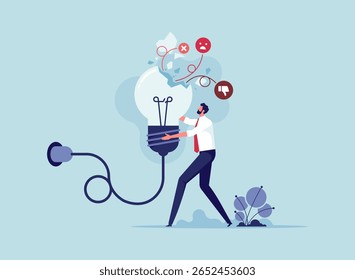 Bad idea cause problem and failure concept, mistake or poor idea, bad idea and negative opinion, depressed business man standing with fail old broken lightbulb idea