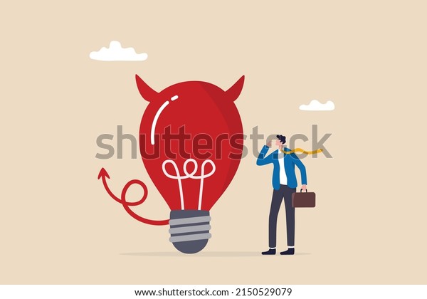 Bad idea cause problem and failure, stupid mistake\
or poor idea, disappointment from rejected, evil and negative\
opinion concept, confused businessman looking at devil lightbulb\
doubting it bad idea.