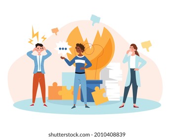 Bad idea concept. Businessmen failed the project and came up with a bad solution to the problem. Man and woman are confused, a broken light bulb. Cartoon flat vector illustration on a white background