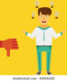 Bad idea concept vector. Broken light bulbs around businessman head and hand holding thumbs down sign. 