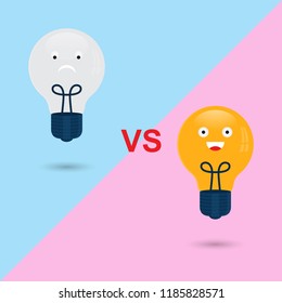 bad ideas versus good ideas, light bulb cartoon character, bad and good ideas concept illustration