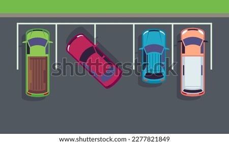 Bad, improper parking of car in parking lot, top view. Traffic rules in city. Colored automobiles. Urban scene. Wrong parked transport. Cartoon flat style isolated illustration. Vector concept