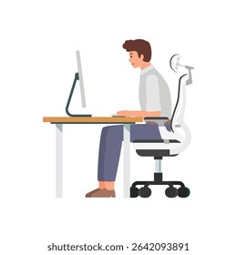 Bad incorrect posture for sitting at computer desk. Vector illustration