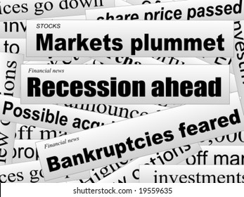 Bad investor news. Bear market. Financial newspaper cuttings. Incomplete words. Vector illustration.