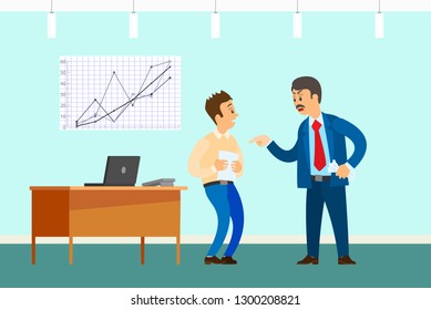 Bad job, angry boss and irresponsible employee. Wrong statistical report or paperwork, rebuke in office with desktop and graphic vector illustration.