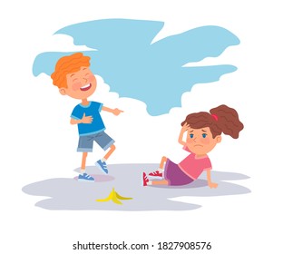 Bad Kid Laughing At Girl Falling. Little Boy Bullying Girl, Sad Upset Girl Fell On Floor From Banana, Holding Hurt Head At Playground. Manners And Bad Behavior Vector Illustration.