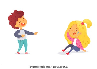 Bad kid laughing at girl falling. Little boy bullying girl, sad upset girl fell on floor, holding hurt head at playground. Manners and bad behavior vector illustration.