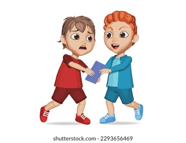 schlechtes Kind, das mit Gewalt Buch von Freund nimmt