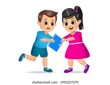bad kid taking book from her friend forcefully. isolated on white background