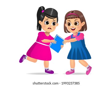 bad kid taking book from her friend forcefully. isolated on white background