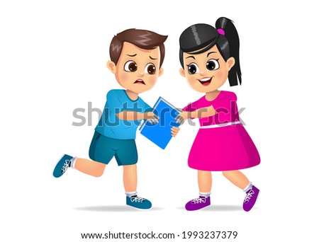 bad kid taking book from her friend forcefully. isolated on white background