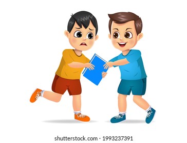 bad kid taking book from his friend forcefully. isolated on white background