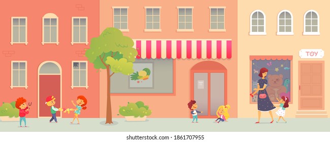 Bad kids arguing and crying on street outdoor. Little boy laughing at girl falling, kids pulling toy, girl crying with mother, naughty kid. Bad behavior vector illustration. Horizontal city panorama.