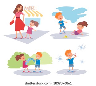 Bad kids arguing and crying set. Little boy laughing at girl falling, kids pulling toy, girl crying, naughty troublemaker hitting windows. Manners and bad behavior vector illustration.
