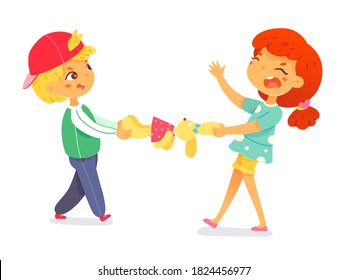 Bad kids arguing and pulling toy. Angry little boy and girl fighting over bunny toy in park outdoor or at playground. Manners and bad behavior vector illustration. Angry expressions.